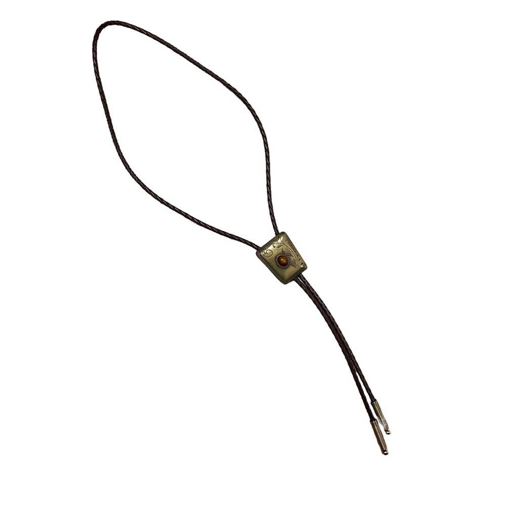 Vintage Brass Brown Braided Leather Bolo Tie